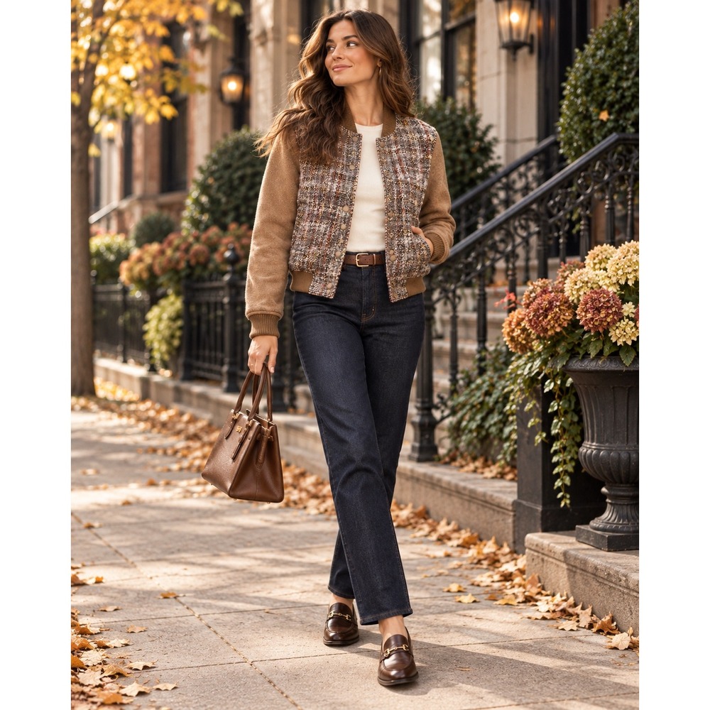 Members Only XS Tweed Wool Varsity Bomber Jacket Camel Preppy Heritage NWT
